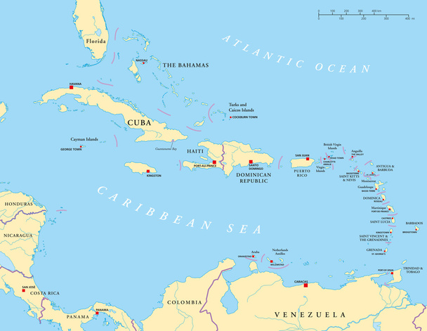 カリブ海 - 大と小アンティル諸島 - 政治地図 - ベクター画像