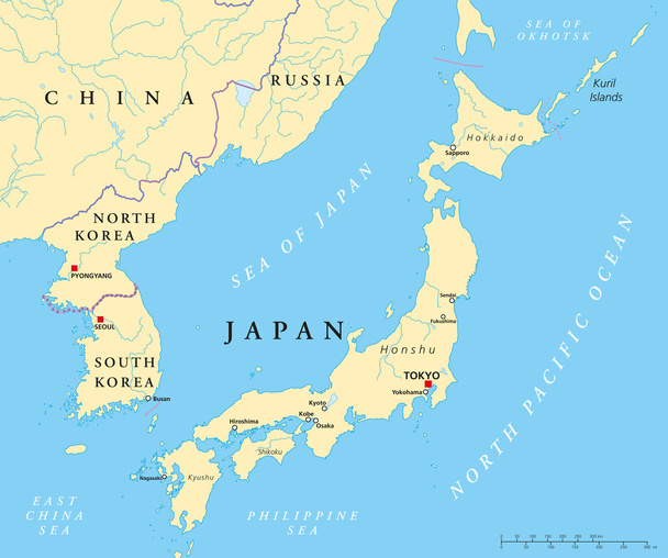 Japón, Corea del Norte y Corea del Sur Mapa Político
 - Vector, Imagen