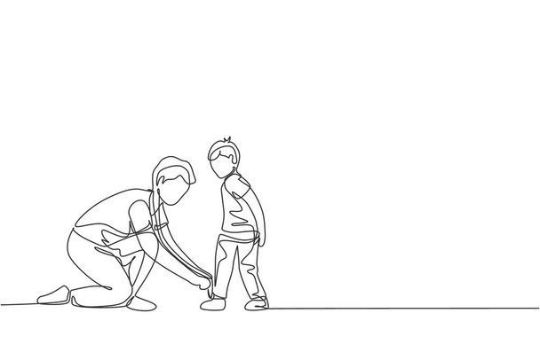 One single line drawing young father tying his son shoelaces before go to school, parenting time vector illustration. Happy family playing together concept. Modern continuous line graphic draw design - Vector, Image