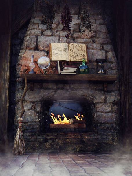 Fantasy fireplace in a witch's cottage with a book of spells, crystal ball, candles, cauldron, and broom. 3D render. - Photo, Image