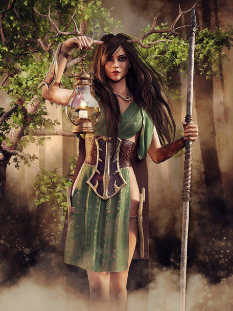 Escena del bosque con una cazadora de fantasía con cuernos de ciervo, sosteniendo una lámpara y un bastón de madera en sus manos. Renderizado 3D. - Foto, Imagen