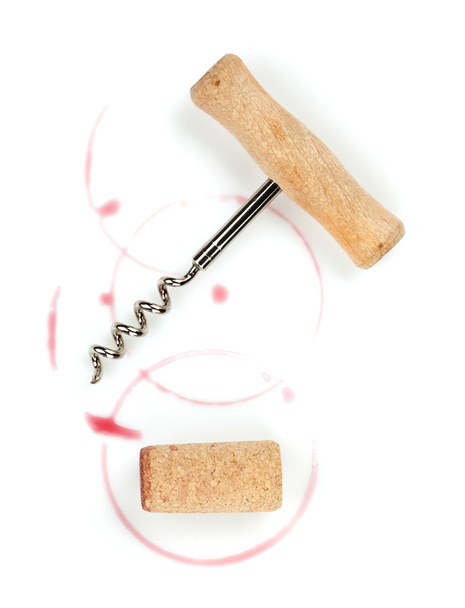 Cork and corkscrew with red wine stains - Photo, Image