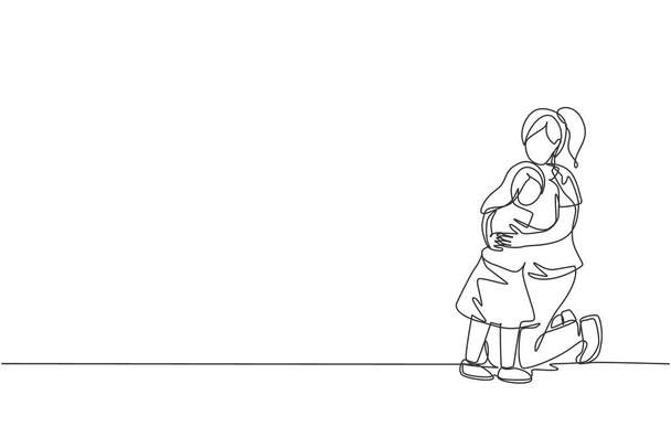One continuous line drawing of young happy mommy hugging her lovely daughter full of warmth at home. Happy loving parenting family concept. Dynamic single line draw graphic design vector illustration - Vector, Image
