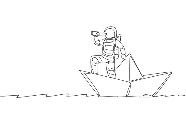 One single line drawing young astronaut look at forward using telescope while standing on paper boat in sea ocean graphic vector illustration. Cosmonaut deep space concept. Continuous line draw design - Vector, Image