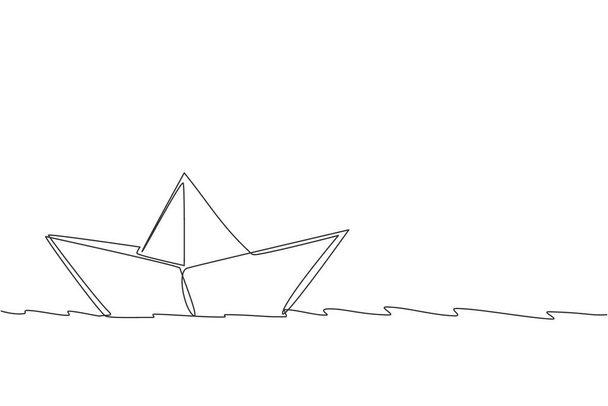 Jedna souvislá čára kreslení papírové lodi plující po řece. Origami řemeslný pojem. Dynamická jednořádková kresba vektorová grafická ilustrace - Vektor, obrázek