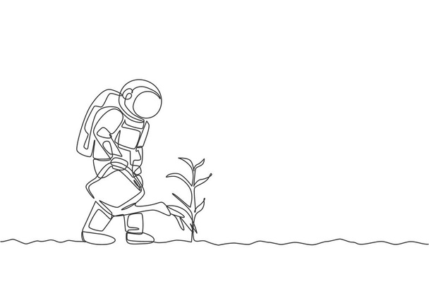 Una sola línea continua dibujo cosmonauta regar árbol de plantas utilizando regadera de plástico en la superficie de la luna. El concepto de vida agrícola del astronauta Galaxy. Trendy una línea dibujar diseño gráfico vector ilustración - Vector, Imagen