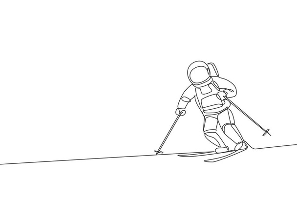 Dibujo de línea continua única del ejercicio de astronauta esquiando en la superficie lunar, espacio profundo exterior. Astronomía espacial concepto de galaxia deportiva. Trendy una línea dibujar ilustración vectorial diseño gráfico - Vector, imagen