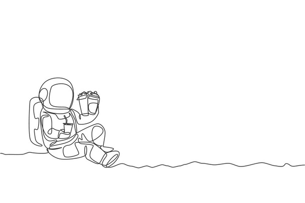Enkele continue lijn tekening van ruimteman zitten ontspannen op maan oppervlak terwijl het eten van frietjes en het drinken van zachte frisdrank. Het concept buitenaards leven. Trendy one line draw ontwerp vector illustratie - Vector, afbeelding