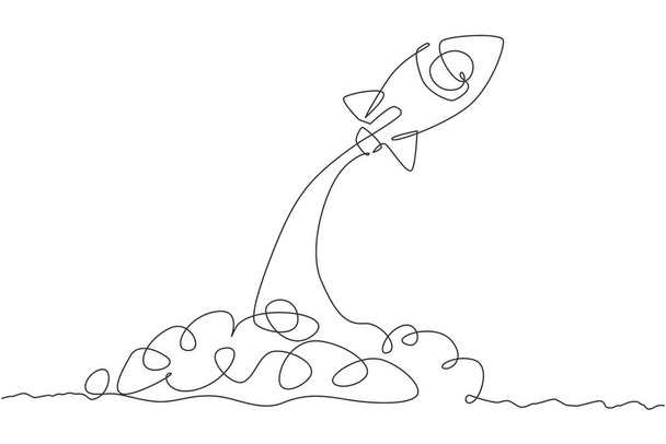 Μια απλή γραμμή σχεδίου ενός απλού vintage πυραύλου απογειώνεται στο εξωτερικό διάνυσμα γραφική απεικόνιση. Σύμπαν εξερεύνησης γαλαξιακό με την έννοια διαστημόπλοιο. Μοντέρνος σχεδιασμός συνεχούς γραμμής - Διάνυσμα, εικόνα