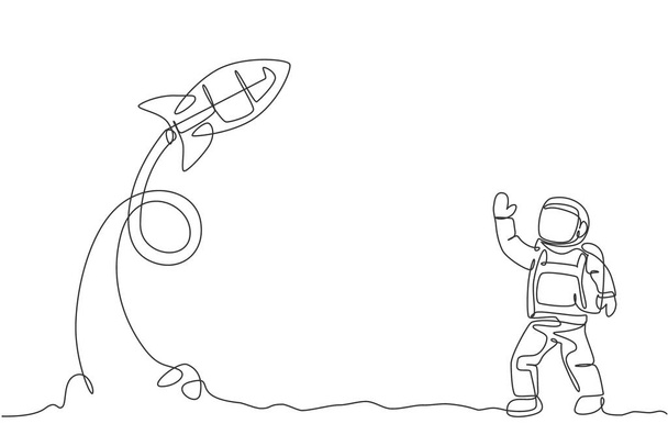 Una línea continua de dibujo de astronauta astronauta ciencia en tierra lunar saludando mano para despegar cohete. Exploración cosmonauta del concepto del espacio exterior. Ilustración dinámica de vectores de diseño de línea única - Vector, Imagen