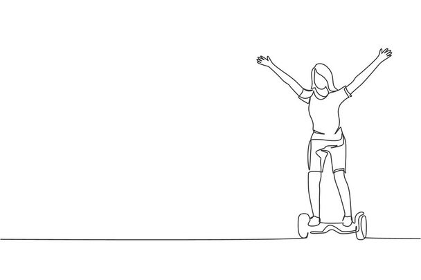 Um desenho de linha contínua de jovem mulher feliz ficar e montar hoverboard no parque ao ar livre. Transporte verde. Futuro conceito de estilo de vida urbano. Desenho dinâmico de linha única desenho ilustração vetorial - Vetor, Imagem