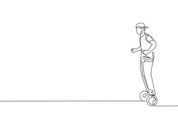 One single line drawing of young energetic man riding hoverboard at city park vector graphic illustration. Future transporter. Healthy lifestyle sport concept. Modern continuous line draw design - Vector, Image