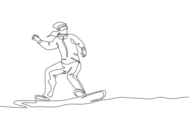 若い精力的なスノーボーダーの女性の一本の線画は雪の山のベクトル図で速いスノーボードに乗る。観光休暇のライフスタイルスポーツコンセプト。現代の連続線画のデザイン - ベクター画像