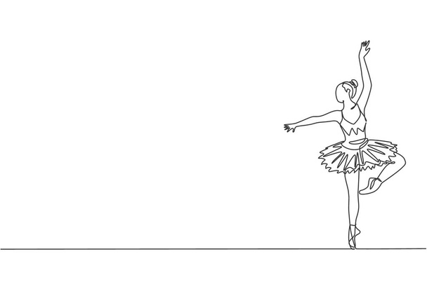 One continuous line drawing of young graceful woman ballet dancer perform beauty classic dance at stage of opera house. Ballet performance concept. Dynamic single line draw design vector illustration - Vector, Image