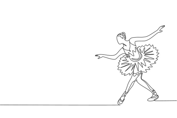 若い優雅な美しいバレリーナのシングル連続線画は、古典的なバレエ振付のダンススキルを実証しました。オペラダンスのコンセプト。トレンディーな1行の描画デザイングラフィックベクトルイラスト - ベクター画像