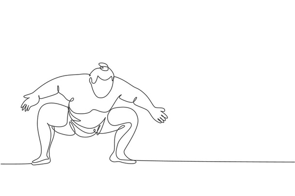 Yksirivinen piirros ylipainoisesta japanilaisesta Sumo-miehestä valmiina taistelemaan areenakilpailun vektorikuvauksessa. Perinteinen rikishi taistelulajien käsite. Moderni jatkuva linja piirtää suunnittelu - Vektori, kuva