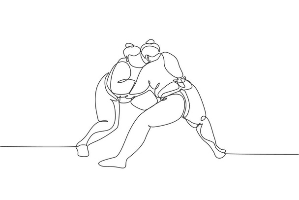 Egy vonalas rajz két fiatal túlsúlyos japán szumó férfiról, akik az aréna verseny vektoros illusztrációján harcolnak. Hagyományos rikishi harcos sport koncepció. Modern folyamatos vonalhúzási terv - Vektor, kép