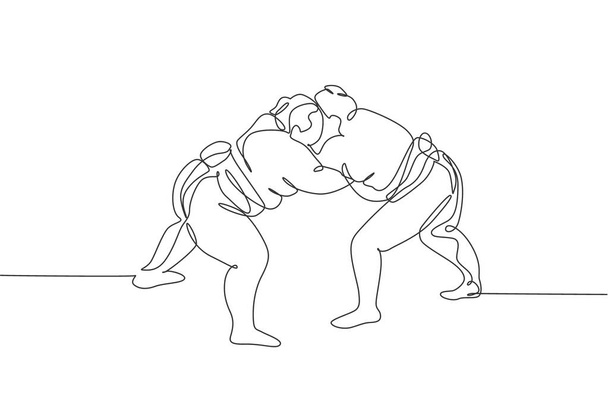 Egysoros rajz két fiatal, kövér japán szumós férfiról, akik az arénában edzenek. Hagyományos fesztivál harcművészeti koncepció. Trendy egysoros rajz grafikai tervezés vektor illusztráció - Vektor, kép