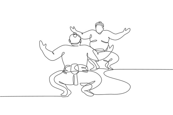 One continuous line drawing of two young big Japanese rikishi men prepare to fight at festival tournament. Traditional sumo sport concept. Dynamic single line draw design vector graphic illustration - Vector, Image