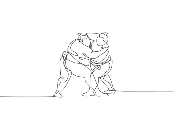 Una sola línea continua dibujo dos jóvenes grandes gordos japoneses sumo hombres entrenamiento lucha en el centro de gimnasio arena. Festival tradicional concepto de arte marcial. Trendy una línea dibujar diseño gráfico vector ilustración - Vector, Imagen