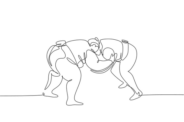 Μια συνεχής γραμμή σχεδίασης δύο νέων μεγάλων Ιαπώνων ανδρών rikishi ετοιμάζονται να πολεμήσουν στο τουρνουά φεστιβάλ. Παραδοσιακή έννοια του sumo αθλητισμού. Δυναμική μονοσήμαντη σχεδιαστική διανυσματική γραφική απεικόνιση - Διάνυσμα, εικόνα