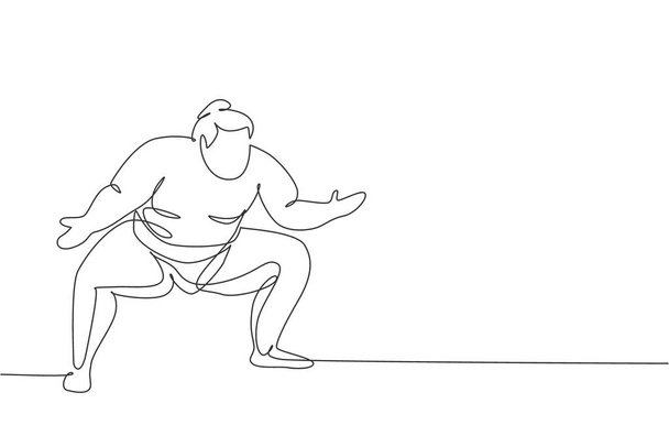 One continuous line drawing of young big Japanese rikishi man prepare to fight at festival tournament. Traditional sumo sport concept. Dynamic single line draw graphic design vector illustration - Vector, Image