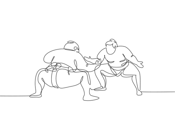 Jednoduchá souvislá čára kreslení dva mladé velké tlusté japonské sumo muži trénink boj v aréně tělocvična centrum. Tradiční festivalový koncept bojového umění. Grafická vektorová ilustrace výkresu jednoho řádku - Vektor, obrázek