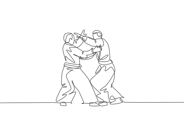 Dibujo de una sola línea de dos jóvenes hombres enérgicos que usan la técnica de lucha aikido ejercicio kimono en la ilustración vectorial salón deportivo. Concepto de deporte estilo de vida saludable. Diseño de dibujo de línea continua moderna - Vector, imagen