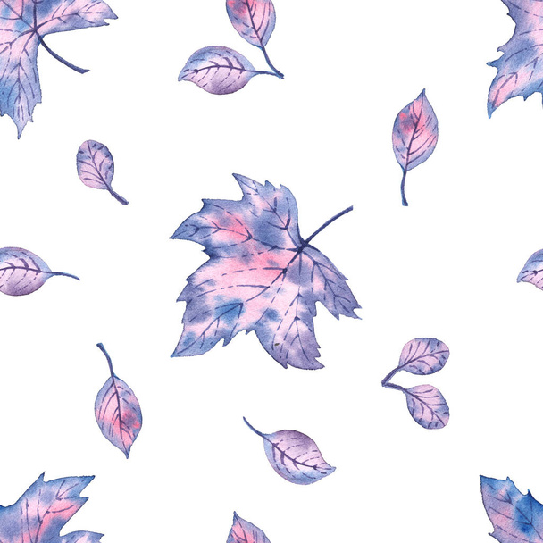 Pattern with watercolor winter leaves. Frozen autumn. On a white background - Фото, зображення