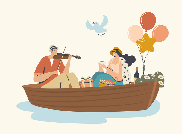 Νεαρό ευτυχισμένο ζευγάρι άντρας και γυναίκα επιπλέουν βάρκα στην επιφάνεια του νερού. Ανδρικό Χαρακτήρας Παίζοντας Βιολί, θηλυκό πόσιμο τσάι - Διάνυσμα, εικόνα