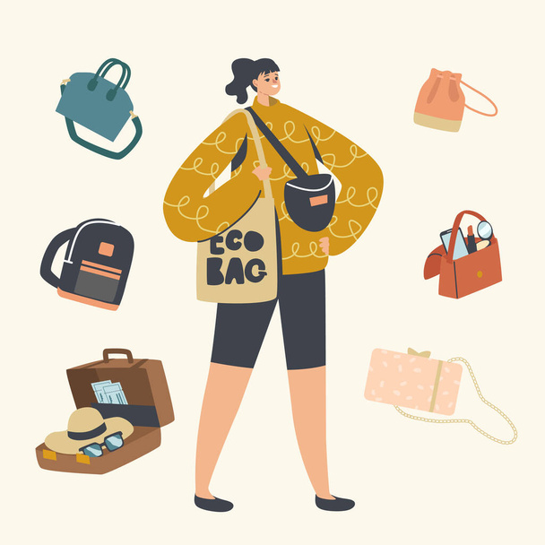 Summer Time Vacation. Female Character with Different Bags or Luggage for Travel on Tropical Country Resort with Baggage - Вектор,изображение