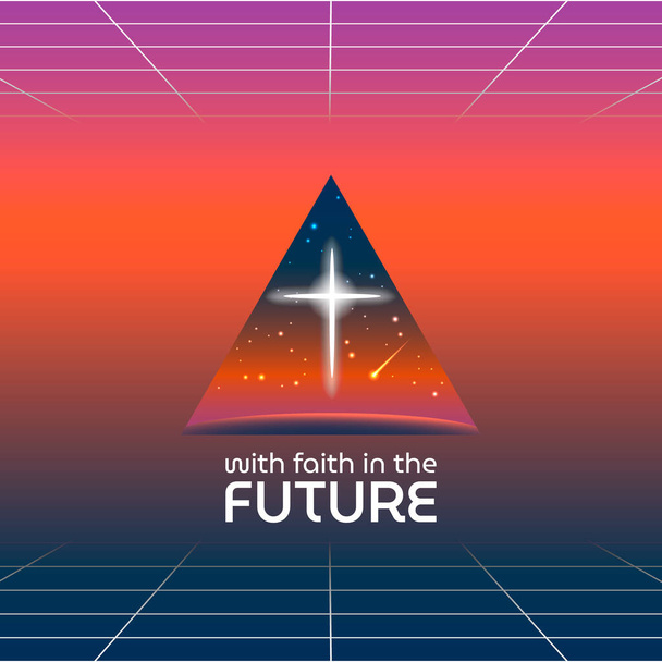 vector colorido ilustración de cartel en el estilo de la estrella de cuatro puntas de los años 80 en forma de una cruz cristiana en el cielo cósmico en una ventana triangular - Vector, imagen