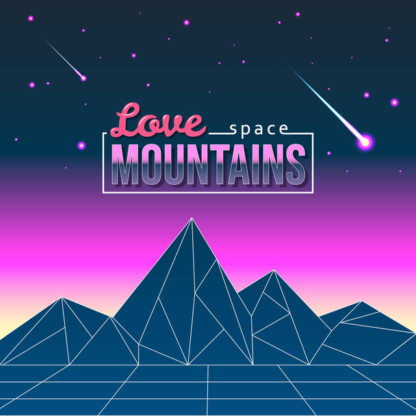 kleurrijke vector illustratie van poster van een berglandschap onder de sterrenhemel en een inscriptie liefde ruimte bergen in de stijl van de jaren 80 - Vector, afbeelding