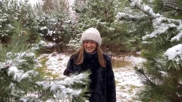 Uma mulher feliz em um casaco de peles caminha por uma floresta de inverno nevada - Filmagem, Vídeo