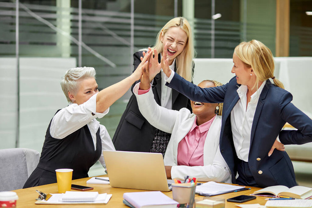 positive team of diverse colleagues give high five, celebrate - Zdjęcie, obraz