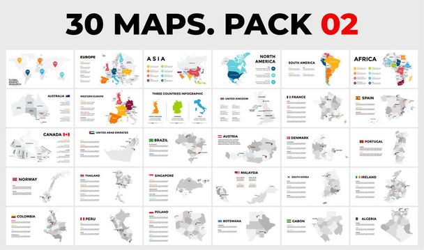 30 Kartta Infografiset mallit matkailun projekti. Kaikki maat on jaettu alueisiin. Maailmanlaajuinen viestintä käsite. Info grafiikka tietokokonaisuus 2. - Vektori, kuva