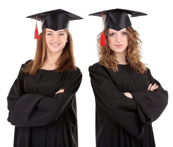 Two happy graduating students isolated on white - Fotografie, Obrázek