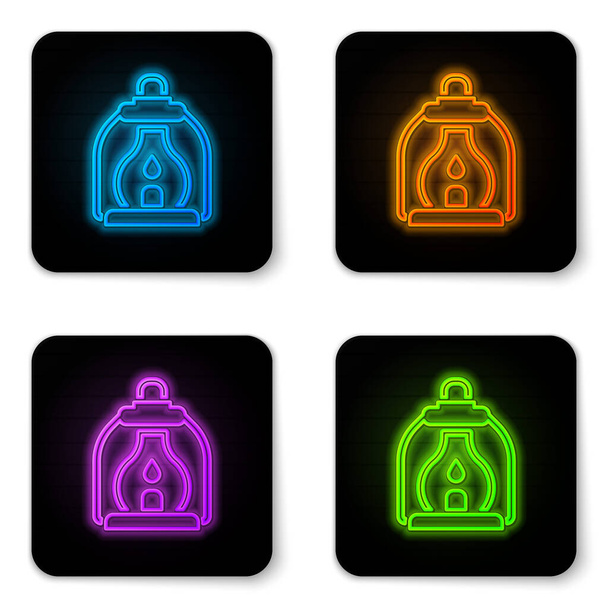 Icona luminosa al neon Camping lanterna isolata su sfondo bianco. Pulsante quadrato nero. Vettore. - Vettoriali, immagini