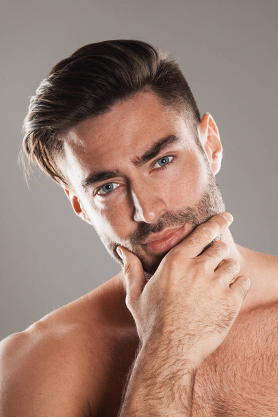 Closeup portrait of a beautiful male model, caucasian man with dark hair and gray eyes holding chin - 写真・画像