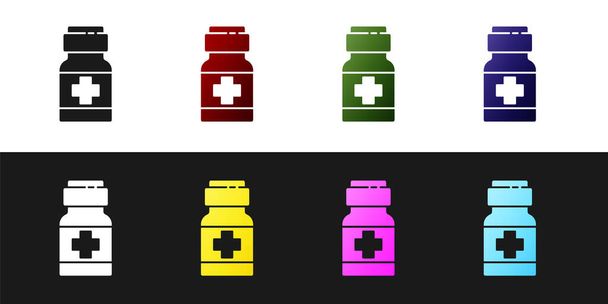 Set bouteille de médecine et des pilules icône isolée sur fond noir et blanc. Paquet de médicament médical pour comprimé, vitamine, antibiotique, aspirine. Vecteur.. - Vecteur, image