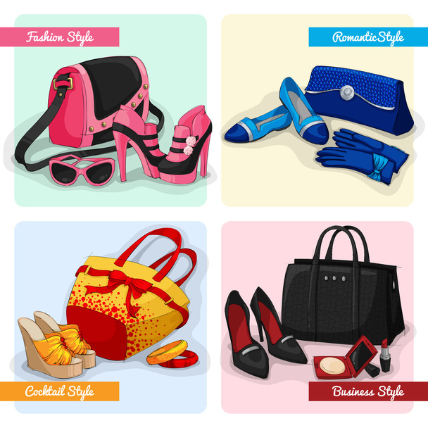 Conjunto de bolsos de mujer zapatos y accesorios
 - Vector, Imagen