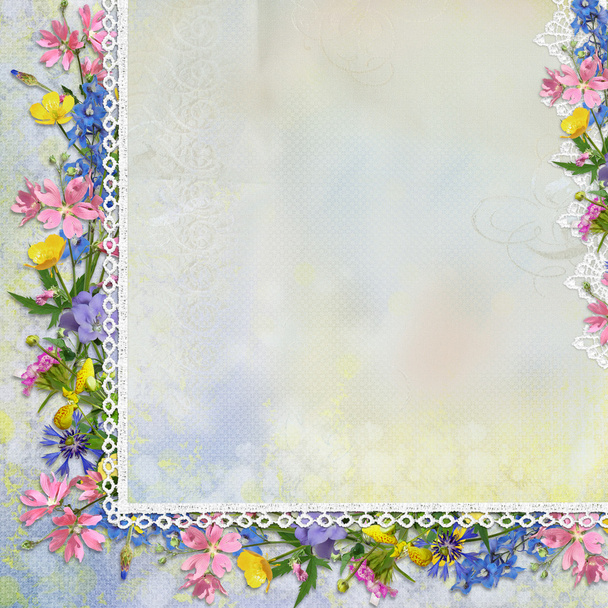 Border of flowers with lace on vintage background - Photo, Image