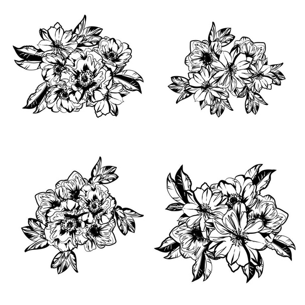 set of floral design elements, lined flowers - Vector, afbeelding