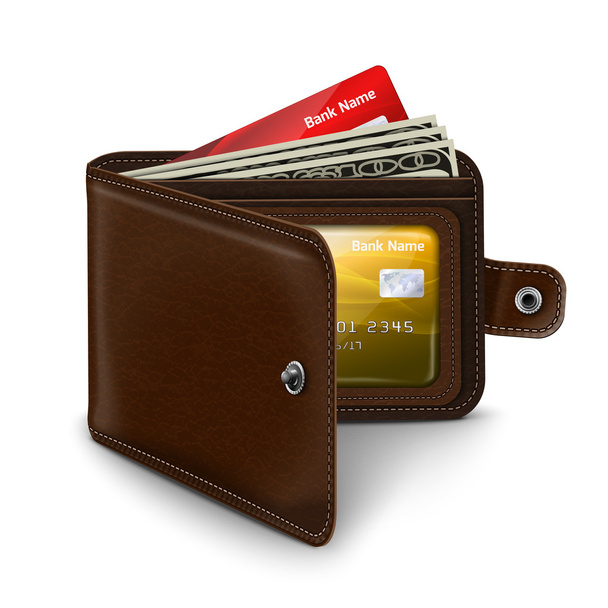 Leather open wallet with credit card money bills - Vecteur, image