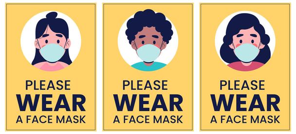 Προσοχή συλλογή πινακίδων, παρακαλώ φορέστε μάσκα προσώπου covid-19 ιό. Προειδοποίηση ή προειδοποιητικό σημάδι. Εικόνα διανύσματος επίπεδου σχεδιασμού - Διάνυσμα, εικόνα