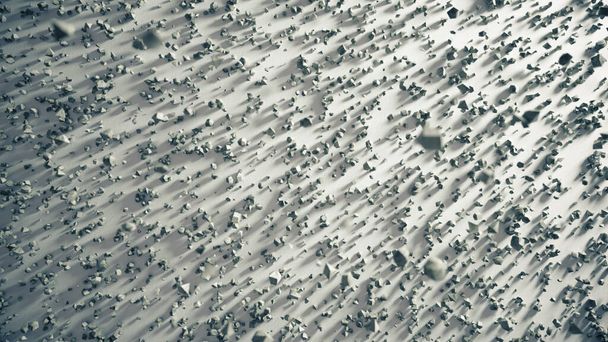 Migliaia di pezzi di pietra cadenti su una superficie piana bianca. Sfondo astratto. Vista dall'alto Illustrazione 3d - Foto, immagini