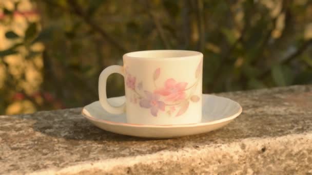Coffee cup in morning sunlight. Summer fresh cool look. White coffee cup on saucer for hot drink on roof beam of a residential building with bokeh background. - Footage, Video