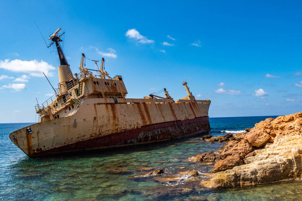 A ship that ran aground in the waters of the Mediterranean Sea off the coast of Paphos - Photo, Image
