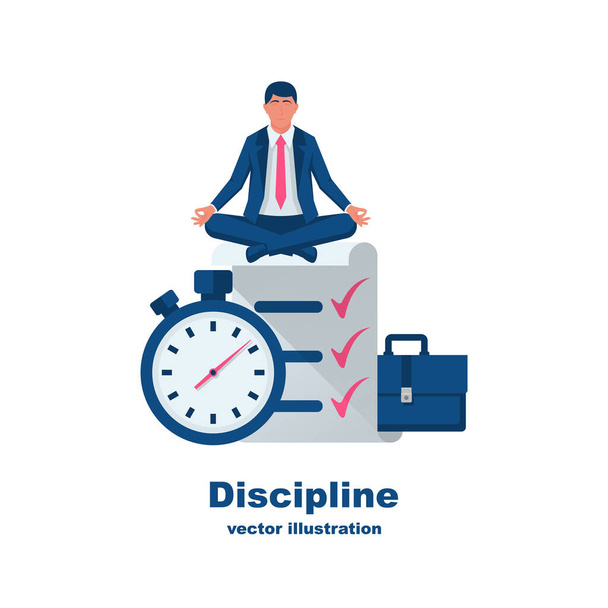 Self discipline concept. All deal and tasks are completed. Vector illustration flat design. Isolated on white background. Control management character. Modern man controlling himself. - Vector, Image