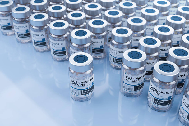 ampoules with Covid-19 vaccine on a laboratory bench. to fight the coronavirus. 3d render - Zdjęcie, obraz